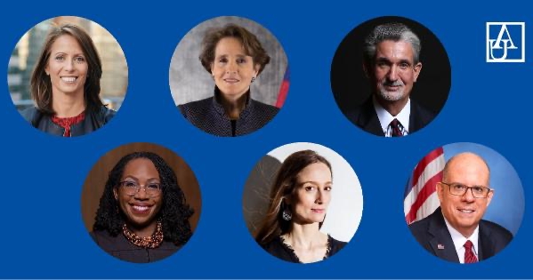 FB体育's 2023 spring commencement speakers, clockwise from top left, Ted Leonsis, Alice Albright, Adena T. Friedman, Ketanji Brown Jackson, Julie Kent, and Larry Hogan.